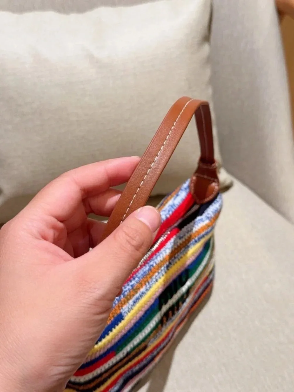 Miu Miu Multicolor Striped Crochet Shoulder Bag with Brown Leather Strap